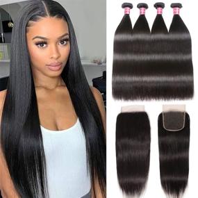 img 2 attached to Набор волос Nadula Brazilian Straight Hair Extensions со свободным заголовком кружевного закрытия - 8А класс 💇 необработанный реми натурального цвета волоса-донора (16 18 20 дюймов + 14-дюймовое закрытие)