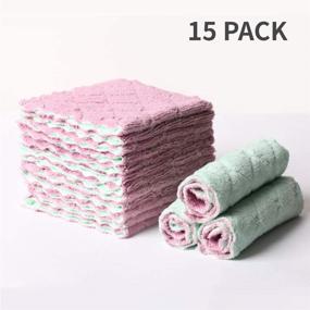 img 3 attached to 🧼 15-Pack Microfiber Kitchen Dish Towels - Super Absorbent Coral Velvet Cleaning Cloths for Faster Drying, Nonstick Oil Resistant, Machine Washable (Purple+Green)