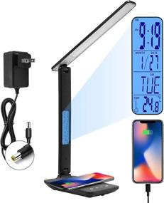 img 4 attached to Enhance Your Home Office with Modern LED Desk Lamps: Wireless Charger, USB Port, Clock, Alarm, Date, Temperature, Adjustable Brightness & Color Modes- Black