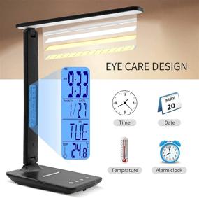 img 3 attached to Enhance Your Home Office with Modern LED Desk Lamps: Wireless Charger, USB Port, Clock, Alarm, Date, Temperature, Adjustable Brightness & Color Modes- Black