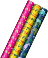 🎁 hallmark kids birthday wrapping paper (3 rolls: 75 sq. ft. ttl) – pink rainbows, blue dinosaurs, yellow 'happy birthday' – best for seo logo