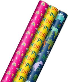 img 4 attached to 🎁 Hallmark Kids Birthday Wrapping Paper (3 Rolls: 75 sq. ft. ttl) – Pink Rainbows, Blue Dinosaurs, Yellow 'Happy Birthday' – Best for SEO