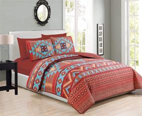img 4 attached to Western Southwestern Native Indian American 6 Piece Bedding Quilt Bedspread and Fitted Sheet Set - Turquoise Red Orange Brown (6PC King). No Flat Sheet Included!