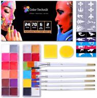 color technik face and body paint kit: 24 flash oil based colors, 2 sets of 12 palettes, 6 brushes, 70 stencils - non-toxic for halloween painting parties (adults & kids) logo