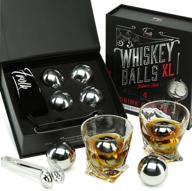 whiskey stones gift set - 4 extra large stainless steel whisky ice balls, special tongs & freezer pouch in luxury gift box. perfect gift for whiskey lovers - ideal for men & women! logo