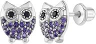 🦉 925 sterling silver girls purple owl themed cz earrings with safety screw back - perfect for animal lover kids-toddlers and pre teens to enhance their outfits logo