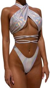 img 4 attached to JUMISEE Women's Neon Shiny Hologram Bikini - Sexy Wrap Around Swimwear for Rave Party