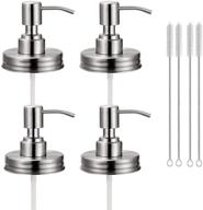 rustproof stainless steel mason jar soap dispenser lids with pumps - 4 pack - suitable for 16 oz regular mouth jars - includes 4 brushes - silver logo