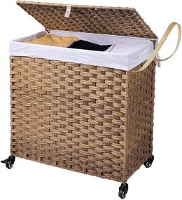img 3 attached to 🧺 Crehomfy Natural Wicker Laundry Hamper with Lid & Wheels – 3 Section 130L Foldable Clothes Hamper & Sorter for Laundry & Bedroom