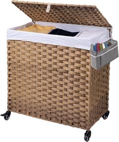 img 4 attached to 🧺 Crehomfy Natural Wicker Laundry Hamper with Lid & Wheels – 3 Section 130L Foldable Clothes Hamper & Sorter for Laundry & Bedroom