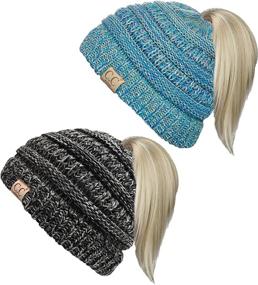 img 4 attached to 🎩 Solid Ribbed BeanieTail Messy Bun Beanie for Children by Funky Junque