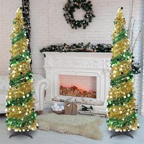 img 3 attached to 🎄 5ft Telfun Collapsible Pop Up Christmas Tinsel Tree - Sparkly Skinny Pencil Tree Decoration for Home, Office, Indoor & Outdoor - Green Gold Sequin Design