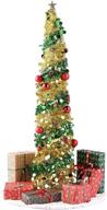 🎄 5ft telfun collapsible pop up christmas tinsel tree - sparkly skinny pencil tree decoration for home, office, indoor & outdoor - green gold sequin design логотип