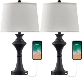 img 2 attached to 💡 Set of 2 Modern USB Table Lamps with USB Charging Port, Black Bedside Lamp for Living Room, Bedroom – OnEach Fabric Drum Shade Accent Lighting