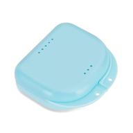 🦷 convenient dental mouthguard container: orthodontic retainer case with vent holes, denture holder box clear aligner case slim for household, travel, office - bluish - light & easy to carry logo