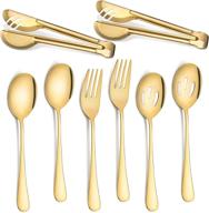 🍴 gold stainless steel serving utensils set - large serving spoon, metal tongs, serving forks, slotted spoons for kitchen and party supply (9.45 inch spoon, 9 inch tongs, 8.7 inch forks, 8.7 inch spoons) - 8 pieces logo