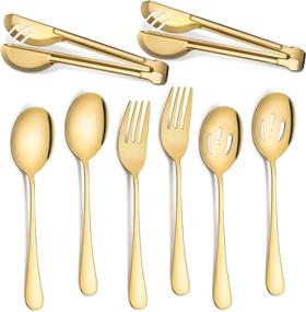 img 4 attached to 🍴 Gold Stainless Steel Serving Utensils Set - Large Serving Spoon, Metal Tongs, Serving Forks, Slotted Spoons for Kitchen and Party Supply (9.45 inch Spoon, 9 inch Tongs, 8.7 inch Forks, 8.7 inch Spoons) - 8 Pieces