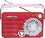 studebaker sb2002rb portable am/fm radio with headphone jack and aux-in jack for listening to other audio sources (red/white) logo