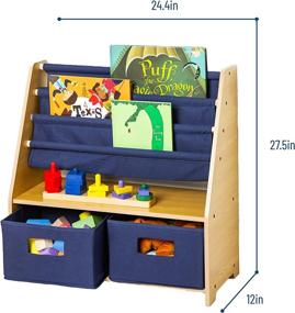 img 1 attached to 📚 Wildkin Kids Canvas Sling Bookshelf: Wooden Design with Four Shelves and Two Drawers for Organized Bedrooms, Playrooms, and Classrooms (Natural with Blue)