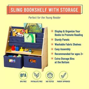 img 2 attached to 📚 Wildkin Kids Canvas Sling Bookshelf: Wooden Design with Four Shelves and Two Drawers for Organized Bedrooms, Playrooms, and Classrooms (Natural with Blue)