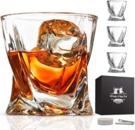 premium crystal clear whiskey glass set of 4 - 10 oz lead-free glassware, luxury gift box, 4 drink coasters, & 1 ice tong for bourbon, scotch, cognac, irish whisky logo