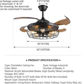 img 1 attached to 🌀 Siljoy 42" Retractable Chandelier Ceiling Fan: Industrial Retro Black with Lights and Remote - Perfect for Farmhouse Living Room and Bedroom