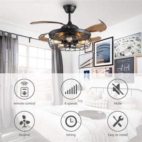 img 3 attached to 🌀 Siljoy 42" Retractable Chandelier Ceiling Fan: Industrial Retro Black with Lights and Remote - Perfect for Farmhouse Living Room and Bedroom