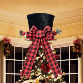 img 3 attached to 🎄 HMASYO Christmas Tree Topper Hat - Large Black Velvet Bowler Derby Hat with Red Plaid Bow and Lengthened Ribbon for Festive Home Decor