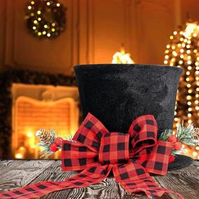 img 2 attached to 🎄 HMASYO Christmas Tree Topper Hat - Large Black Velvet Bowler Derby Hat with Red Plaid Bow and Lengthened Ribbon for Festive Home Decor