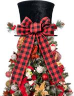 🎄 hmasyo christmas tree topper hat - large black velvet bowler derby hat with red plaid bow and lengthened ribbon for festive home decor logo