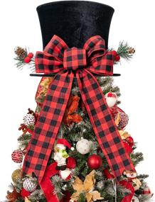 img 4 attached to 🎄 HMASYO Christmas Tree Topper Hat - Large Black Velvet Bowler Derby Hat with Red Plaid Bow and Lengthened Ribbon for Festive Home Decor