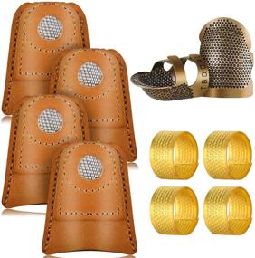 img 4 attached to 🧵 Complete Set of 10 Sewing Thimble Finger Protectors: Leather Coin Pads, Metal Fingertip Thimble, Copper Sewing Thimble for Sewing, Quilting, Embroidery Craft