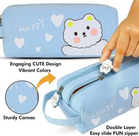 img 2 attached to 🐻 WittySilly Cute Bear Blue Pencil Pouch for Boys - Kawaii Large Capacity Pen Case - Stationery Organizer Bag - High School College Office Supply Organizer - Sky Blue