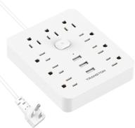 🔥 fireproof power strip with 9 outlets, 3 usb ports, flat plug & wall mount - 5ft long extension cord for home and office- white logo