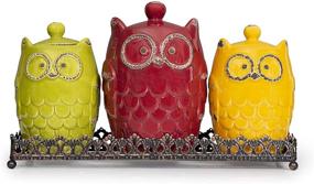 img 1 attached to 🦉 Premium Earthenware Owl Design Kitchen Canister Set with Metal Tray - Chef Deluxe Collection