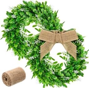 img 4 attached to 🎄 Enhance Your Front Door Christmas Decoration with WILLBOND 11.8 Inch Artificial Outdoor Wreath - Green Leaves Wreath with 16 Feet Sackcloth for Farmhouse Wall, Window, Wedding Party
