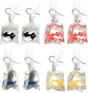 🎒 quirky and whimsical water bag-shaped acrylic resin earrings with goldfish and starfish dangle hooks, ideal for girls and women - 4 pairs logo