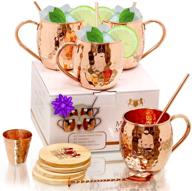 [christmas gift set] handcrafted 100% pure copper moscow mule mugs - set of 4 solid copper cups for drinking - food safe gift set with copper cups logo