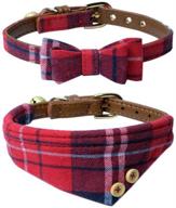 🐾 small pet leather collars with adjustable bow-tie and scarf, cute plaid red bandana dog cat collar set (2 pack) with bell logo