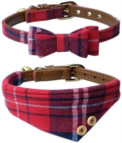 img 4 attached to 🐾 Small Pet Leather Collars with Adjustable Bow-tie and Scarf, Cute Plaid Red Bandana Dog Cat Collar Set (2 Pack) with Bell