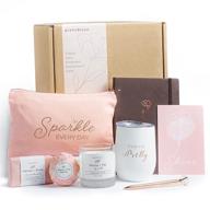 🎁 pretti & luxe women's birthday spa gift basket – wine tumbler, candle, soap, bath bomb, notebook, pencil, make up bag for mom, wife, friend – perfect christmas present logo