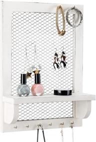 img 4 attached to Wooden Jewelry Organizer - Vintage White Wall Mounted Display Rack for Earrings, Necklaces, and Bracelets with Mesh Panel, Shelf, and 8 Hooks