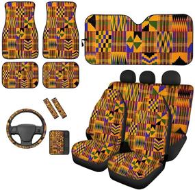 img 4 attached to Belidome Tribal African Style Car Seat Covers Set of 13 - Foot Mats, Sun Visor, Steering Wheel, Armrest Covers, Seat Belt Pads - Universal Soft Stretch Decor