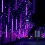 solar meteor shower rain lights outdoor: purple meteor lights 30cm | 8 tubes with 144 led | stunning falling raindrop fairy string lights for tree holiday porch yard patio roof party | ideal christmas halloween decoration+ логотип