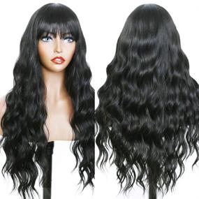 img 2 attached to 👩 Fugady Hair Long Wavy Black Wigs: Side Bangs Body Wave Synthetic Fiber Wig for Black Women - 25 Inches, Heat Resistant, Full Machine Made, Natural Curly - Ideal for Daily Cosplay & Party