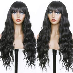img 3 attached to 👩 Fugady Hair Long Wavy Black Wigs: Side Bangs Body Wave Synthetic Fiber Wig for Black Women - 25 Inches, Heat Resistant, Full Machine Made, Natural Curly - Ideal for Daily Cosplay & Party