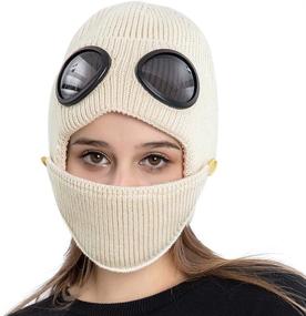 img 4 attached to 🧣 Warm Knitted Earflaps Beanie Hat with Goggles for Men and Women - AMHDV Winter Chunky Beanie