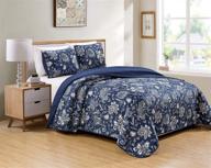 🌸 3 piece full/queen luxury home collection reversible quilted coverlet bedspread set - floral print in navy blue, white, and gray logo