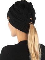 funky junque women's beanie tail messy bun high ponytail knit cap with criss cross design logo