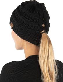 img 4 attached to Funky Junque Women's Beanie Tail Messy Bun High Ponytail Knit Cap with Criss Cross Design